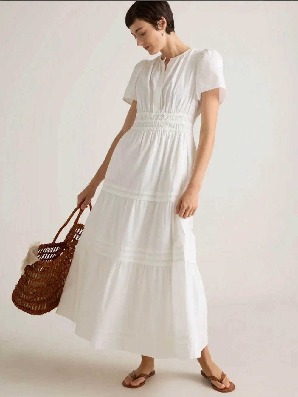 Quince Organic Cotton Poplin Smocked Tiered Maxi Dress White L NWT Boho Chic - Picture 1 of 13